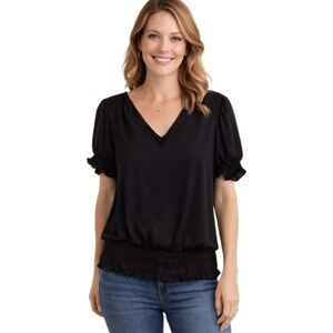 1.STATE Women's Black Puff Sleeve Smocked Blouse Size S V-Neck​ Cottagecore